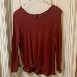 Prana Twist Front Long Sleeve Hi-Low Knit Women’s Top in Rust Red